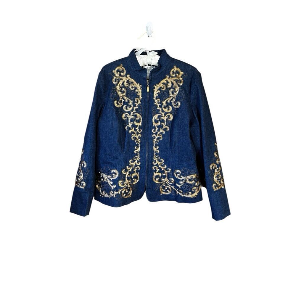 Coldwater Creek By Spirit Women’s Denim Full Zip Gold Floral Embroidery Size 14
